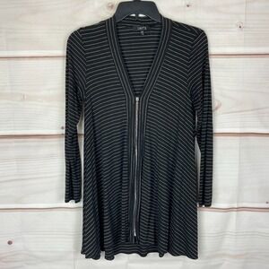 Comfy USA Cardigan Womens XS Black‎ White Striped Zip Front V-Neck Long Sleeve